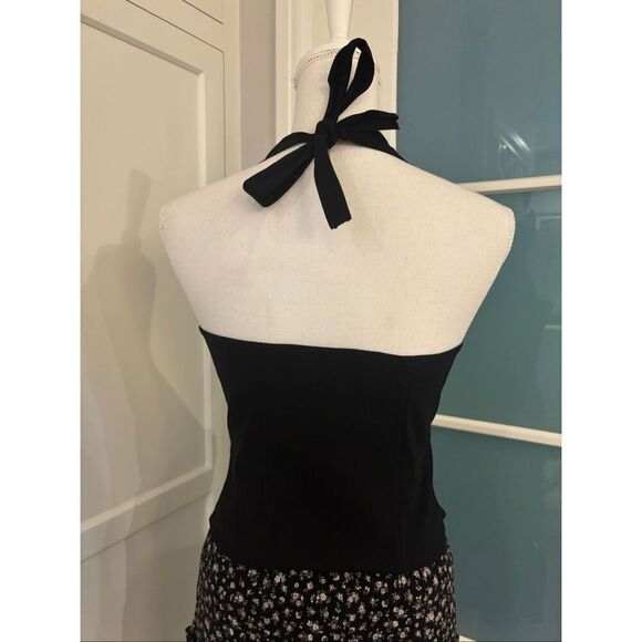 Women's Black Corset Style Open Tie Back Deep V-Neck Stretch Halter Top Large NE - Picture 2 of 5